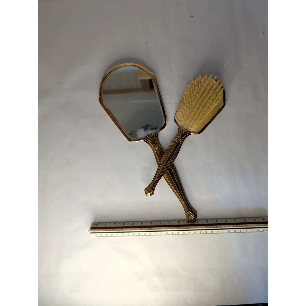 Vintage Matson Style Gold Tone Mirror and Brush Set